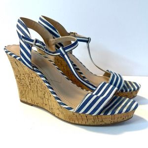 Charles David Stripe T Strap Cork Wedge Heel Sandal Size 9